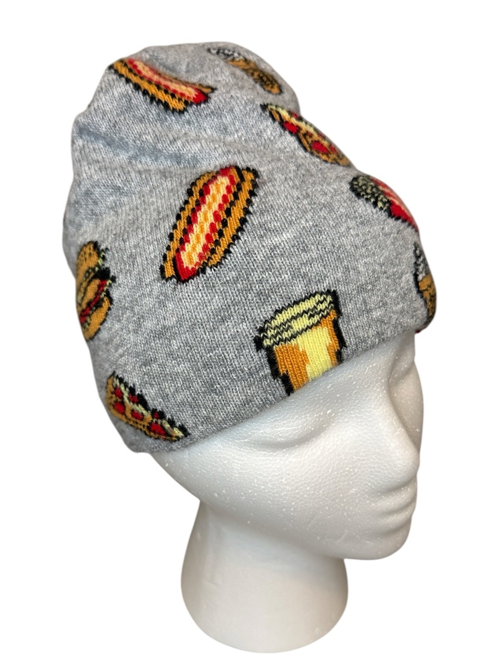 Gray fast food winter knit hat cap beanie hot dog pizza shake ice cream fries